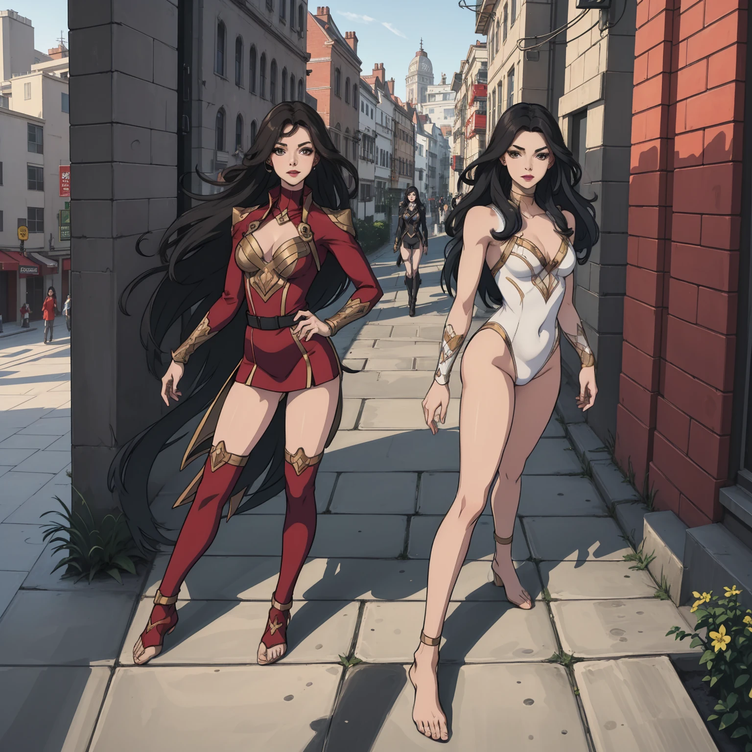 ((full body photo, standing, feet on the ground)) (Adriana Lima :1.1) 2girls, Red lips, green eyes, ((full body photo, standing, feet on the ground)) Wonder Woman stands imposingly in a city from Themyscira. The scenery is lush. The camera details everything, a warrior woman, cover with stars .
