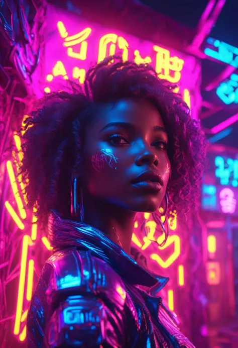 beautiful black woman with curly hair standing next to a cyberpunk neon lit african designed hut, neon lights lighting the scene...