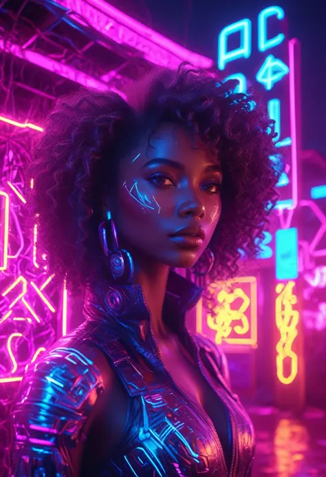 beautiful black woman with curly hair standing next to a cyberpunk neon lit african designed hut, neon lights lighting the scene...