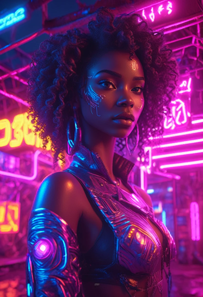 Schöne schwarze Frau mit lockigem Haar, die neben einer Cyberpunk-Neon-beleuchteten Hütte im afrikanischen Stil steht, Neonlichter beleuchten die Szene, Nachtzeit, cyberpunk art, 32k, Ultra HD, Unreal Engine gerendert, filmische Beleuchtung 