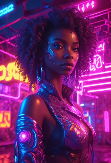 Beautiful black woman with curly hair standing next to a cyberpunk neon lit african designed hut, neon lights lighting the scene...