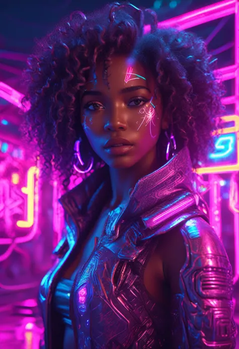 beautiful black woman with curly hair standing next to a cyberpunk neon lit african designed hut, neon lights lighting the scene...