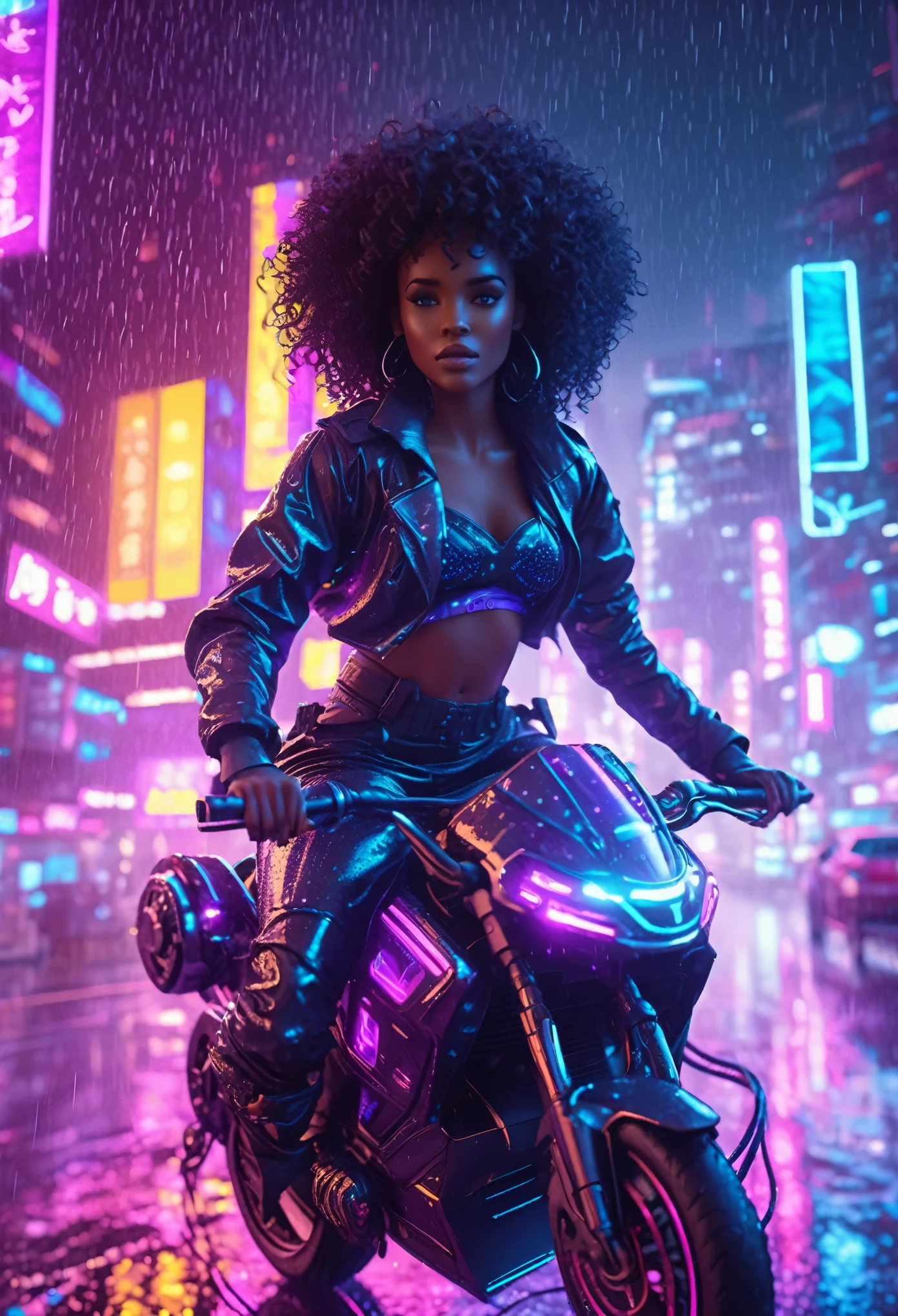 Beautiful black woman with curly hair and african designed neon lit futuristic clothes, riding a hover bike flying above the neon lit cyberpunk city, night time with rain pouring,  32k, ultra HD, unreal engine rendered, cinematic lighting 