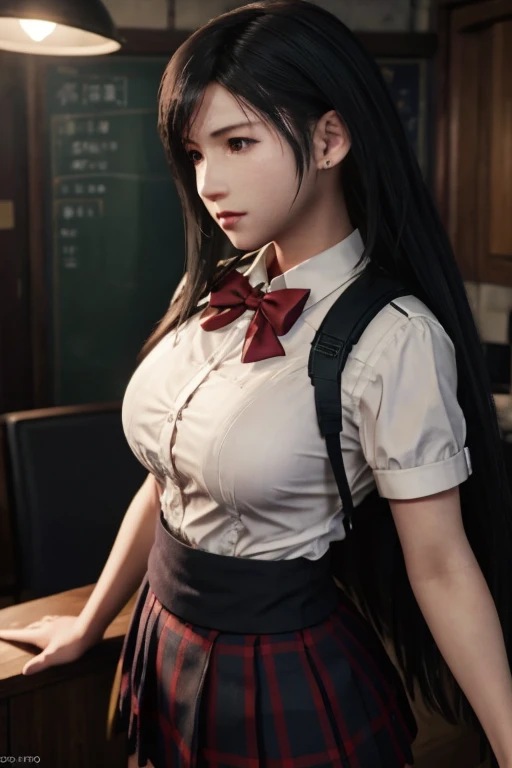 school girl uniform , steam , rain , plaid skirt , pleated skirt , The shirt is tight. , white shirt , school girl , red bow , red knot , highly detailed photo of Tifa Lockhart posing, final fantasy 7 remake, red eyes, intricate, highres, 8k, detailed hair, detailed skin, masterpiece, very long hair,  award-winning photography, sharp focus, dramatic lighting, unreal engine 5