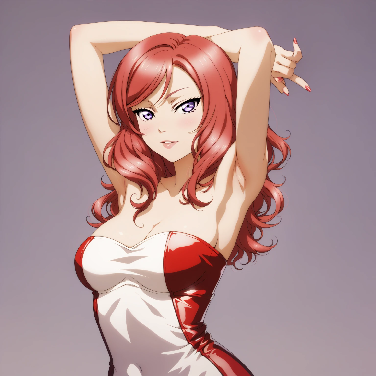 masterpiece, best quality,solo, upper body,nishikino maki,red hair, purple eyes,sexy strapless dress, standing , arms up , armpits,Sexual seduction, sexualised , simple background, busty breasts , medium breasts 