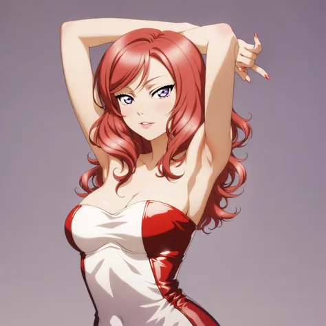 masterpiece, best quality,solo, upper body,nishikino maki,red hair, purple eyes,sexy strapless dress, standing , arms up , armpi...