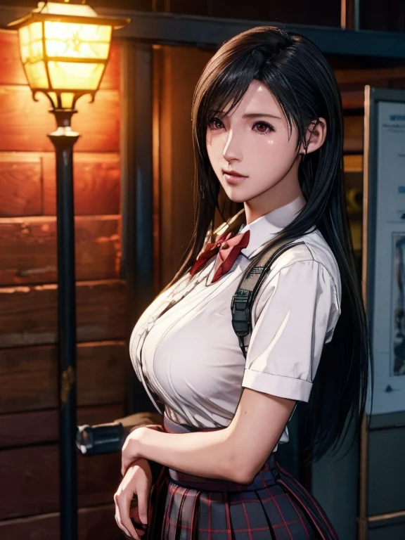 school girl uniform , steam , rain , plaid skirt , pleated skirt , The shirt is tight. , white shirt , school girl , red bow , red knot , highly detailed photo of Tifa Lockhart posing, final fantasy 7 remake, red eyes, intricate, highres, 8k, detailed hair, detailed skin, masterpiece, very long hair,  award-winning photography, sharp focus, dramatic lighting, unreal engine 5