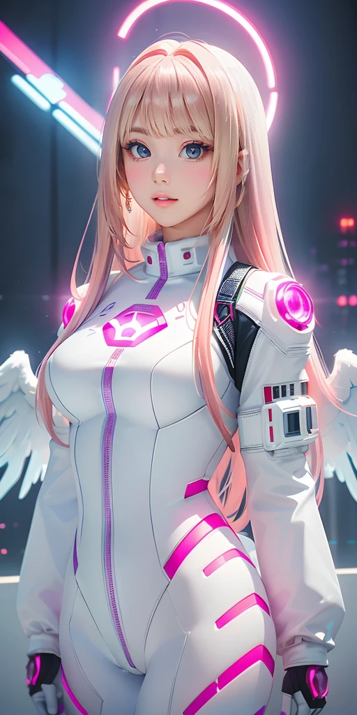 ((masterpiece, best quality, extremely detailed), volumetric lighting, ambient occlusion, colorful, glowing), 
1girl, solo, young girl, (pink hair), long hair, halo, aura, sacred, godness, cyber suit, (white outfit:1.3), android, bot, angel wings,
outdoors, sunset, sky, clouds, space, (cyberpunk theme:1.2),