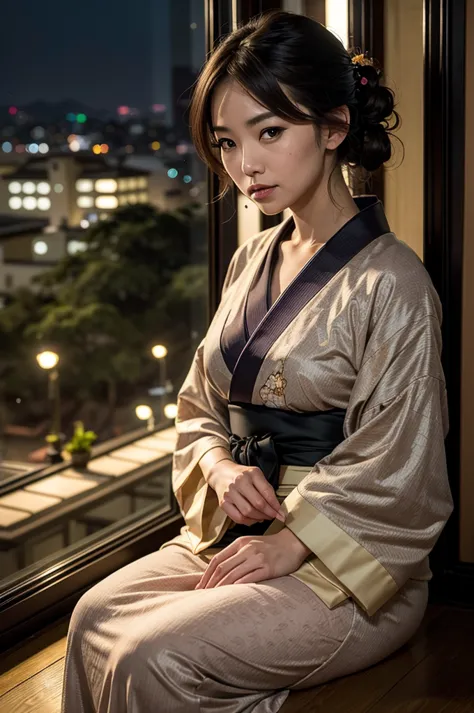 photorealistic, solo, beautiful Japan woman, traditional kimono, natural figure, soft smile, impressive gaze, traditional hairst...