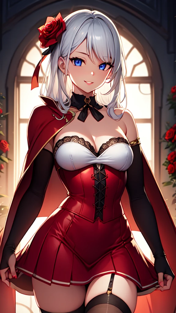 masterpiece, best quality, solo girl, silver hair, blue eyes, long hair, medium breasts, sexy body and face, wavy hair, smile, parted lips, red lips, ribbon, crown of thorns, thorns, (red cape, dress flower), detached sleeves, hair flower, hair ornament, long sleeves, black corset, long skirt, red dress, rose, strapless dress, long skirt, thighhighs, thighlet, red nails, dress flower, black thighhighs, mksks style, beautiful background, orchestra, indoors, sexy pose, cowboy shots, sharp focus, ultra-detailed body, face, and eyes, vibrant, creative, dynamic, high definition, high resolution, 8k, (Upscale: R-ESRGAN 4x+ Anime6mage enchance:4x), voluptuous body, cinema lighting, looking at the viewer, (realistic:1.4), (beautiful detailed face, beautiful detailed eyes, volumetric lighting), 