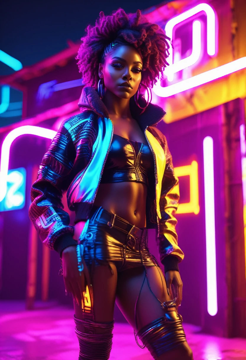 Plano grande angular de uma bela mulher negra vestida com roupas de design africano iluminadas por néon com cabelo crespo, de pé ao lado de uma cabana de design africano iluminada por néon cyberpunk, luzes de néon iluminando a cena, período noturno, arte ciberpunk, 32 mil, ultra HD, mecanismo irreal renderizado, iluminação cinematográfica 