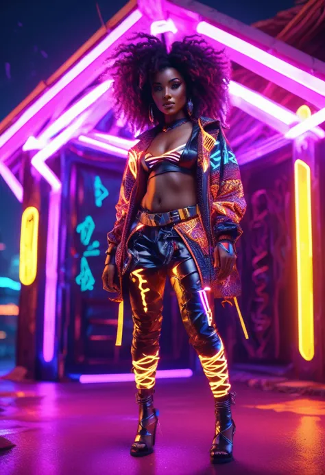 wide angle shot of a beautiful black woman dressed in african designed neon lit clothes with curly hair, standing next to a cybe...