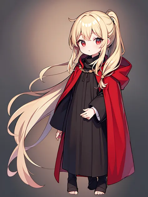 Full-body portrait、Blonde、Short ponytail、Grey sweater、Red and black cloak