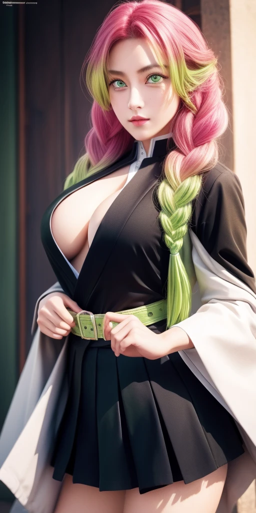 mitsurikanroji, mitsuri kanroji, braid, gradient hair, (green eyes:1.5), green hair, long hair, mole,  mole under eye, multicolored hair, pink hair, twin braids, two-tone hair,
BREAK belt, black skirt, cleavage, coat, demon slayer uniform, haori, japanese clothes, long sleeves, miniskirt,  partially unbuttoned, pleated skirt, skirt, uniform,
BREAK indoors,
BREAK looking at viewer, (cowboy shot:1.5),
BREAK (masterpiece:1.2), best quality, high resolution, unity 8k wallpaper, (illustration:0.8), (beautiful detailed eyes:1.6), extremely detailed face, perfect lighting, extremely detailed CG, (perfect hands, perfect anatomy),