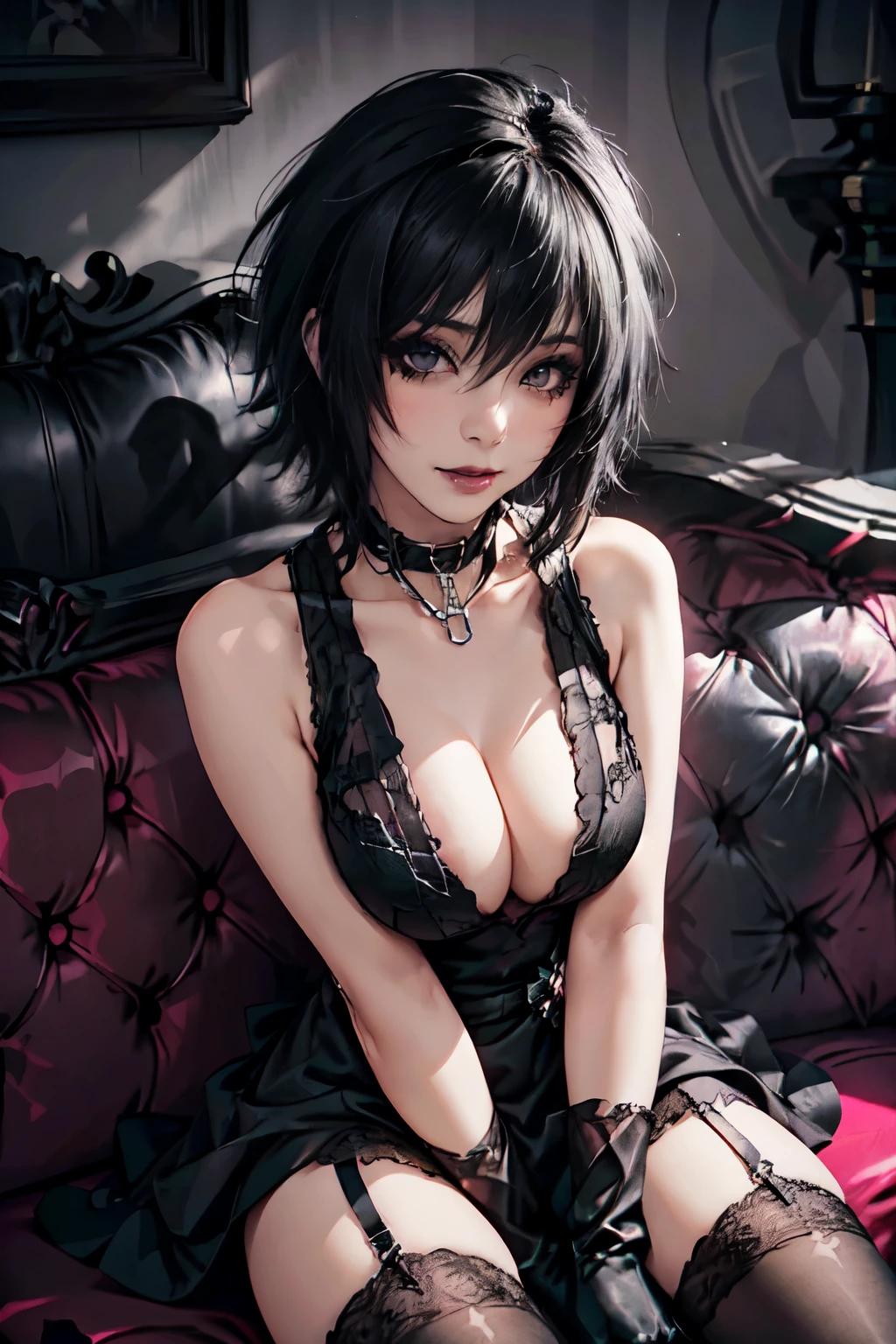 Girl, woman, emo_hairstyle, black lipstick, dog collar, eyeliner, eye shadow, realistic lighting, short hair, black wedding dress , thighhighs, hand between legs, big breast, sofa, punk, smirk. Sleeveless. Long black wedding gloves.