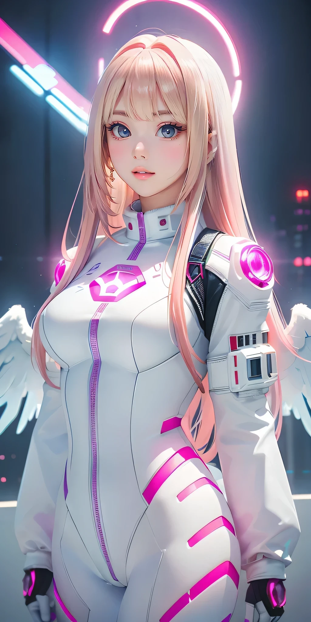 ((masterpiece, best quality, extremely detailed), volumetric lighting, ambient occlusion, colorful, glowing), 
1girl, solo, young girl, (pink hair), long hair, halo, aura, sacred, godness, cyber suit, (white outfit:1.3), android, bot, angel wings,
outdoors, sunset, sky, clouds, space, (cyberpunk theme:1.2),