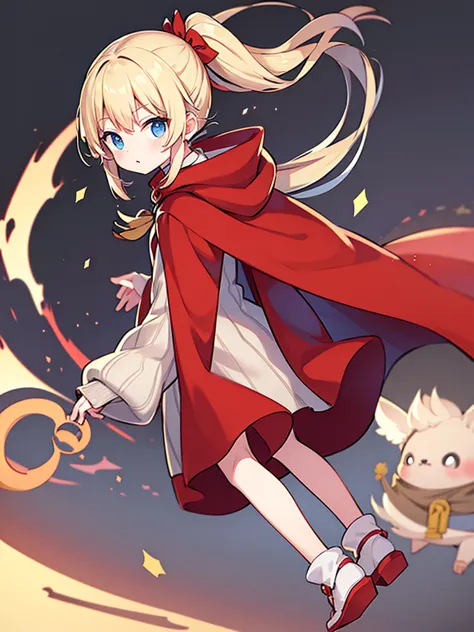 full-body portrait、fluffy hair、blonde、short ponytail、grey sweater、red cloak