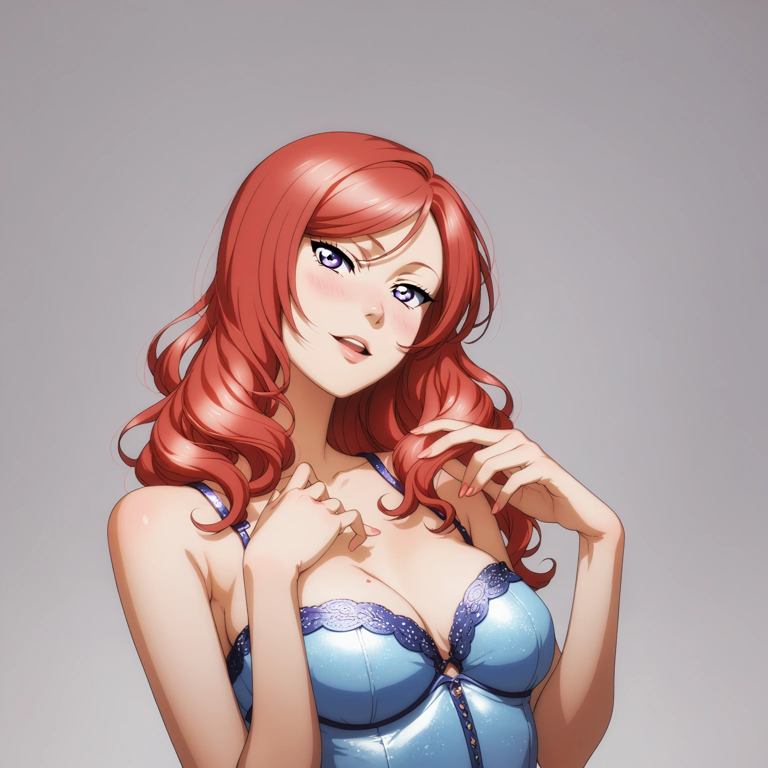 masterpiece, best quality,solo, upper body,nishikino maki,red hair, purple eyes,form-fitting light blue dress ,Sexual seduction, sexualised , simple background, busty breasts , medium breasts 