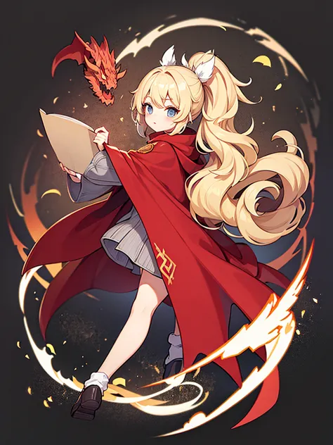 Full-body portrait、Fluffy hair、Blonde、Short ponytail、Grey sweater、Red cloak、Dragon&#39;s Tail