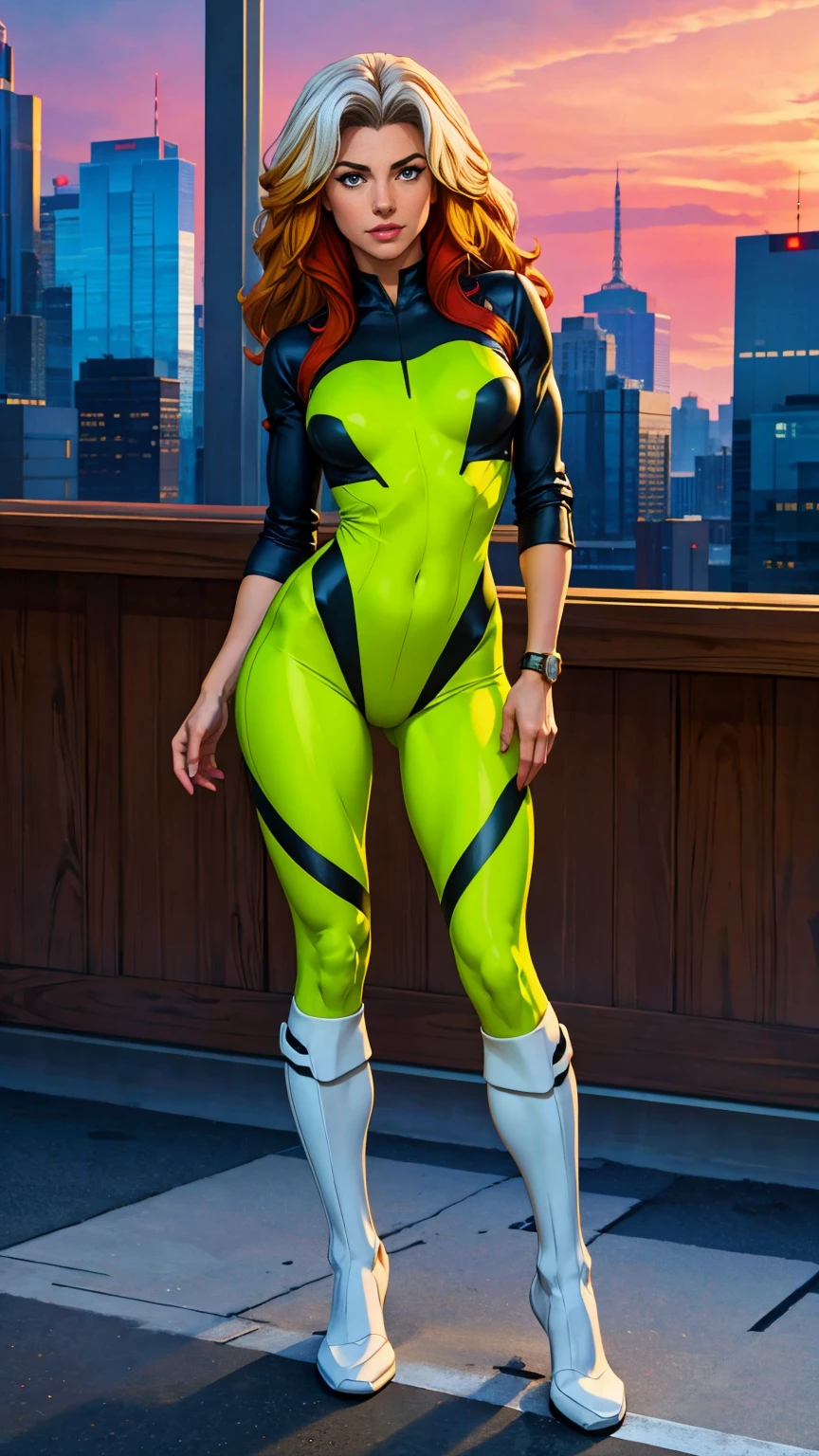 ((Full body shot, standing, feet on the ground)) Rogue, X-Men, (best quality, 4k, 8k, high resolution, cyclist body, masterpiece: 1.2), ultra-detailed, (realistic, photorealistic, photorealistic: 1.37), full body photo, yellow high boots, voluminous hair, beauty pose, standing, show feet, outside, city roof at night, green bandana
