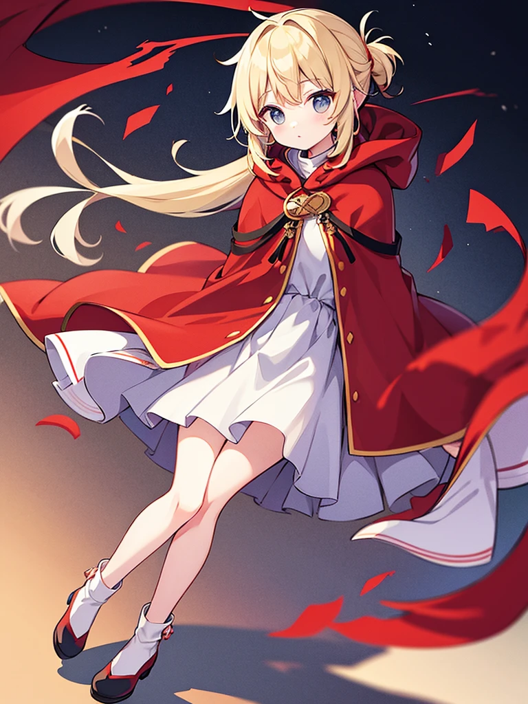 Full-body portrait、Fluffy hair、Blonde、Short ponytail、Grey sweater、Red cloak