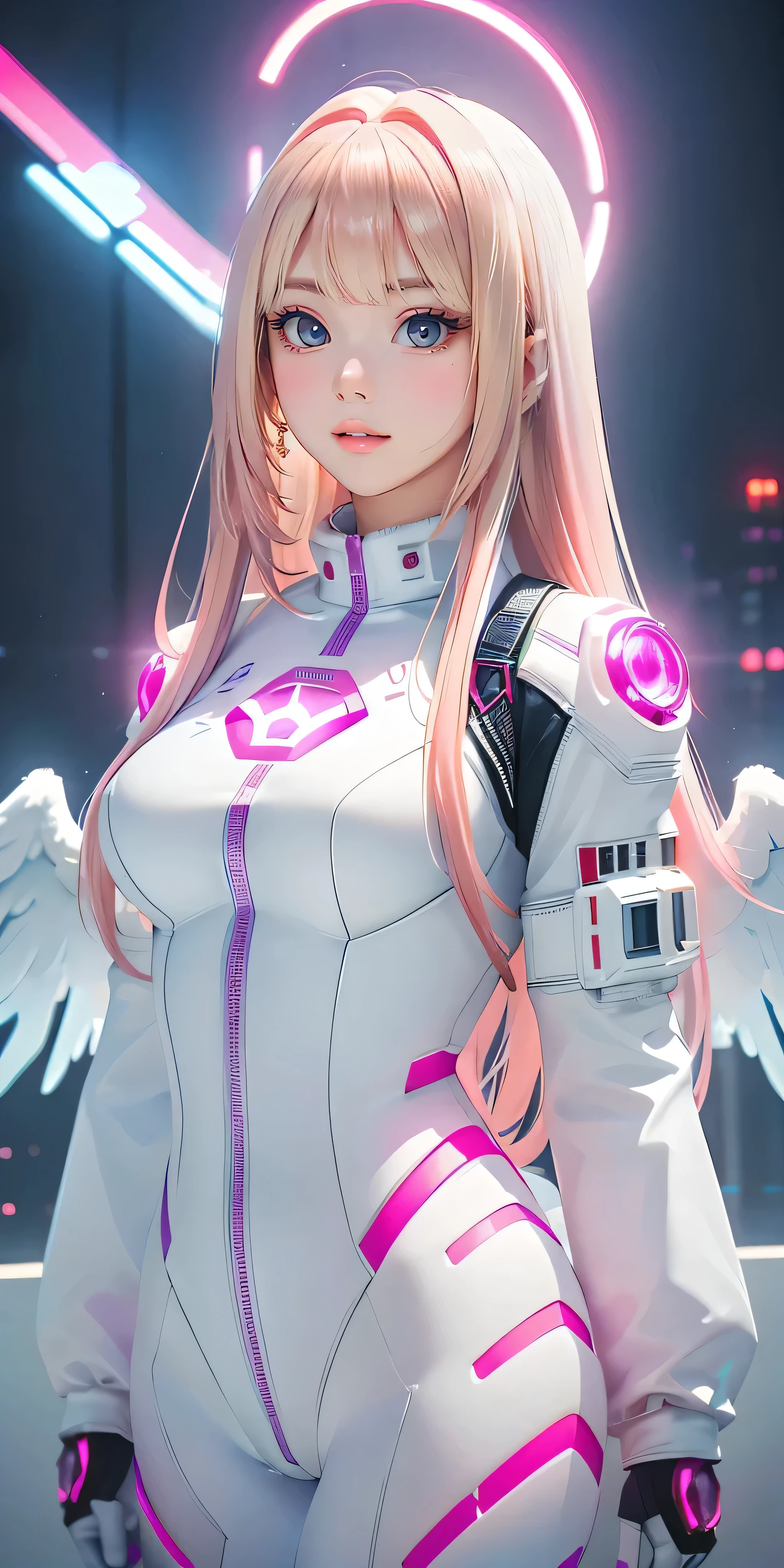 ((masterpiece, best quality, extremely detailed), volumetric lighting, ambient occlusion, colorful, glowing), 
1girl, solo, young girl, (pink hair), long hair, halo, aura, sacred, godness, cyber suit, (white outfit:1.3), android, bot, angel wings,
outdoors, sunset, sky, clouds, space, (cyberpunk theme:1.2),