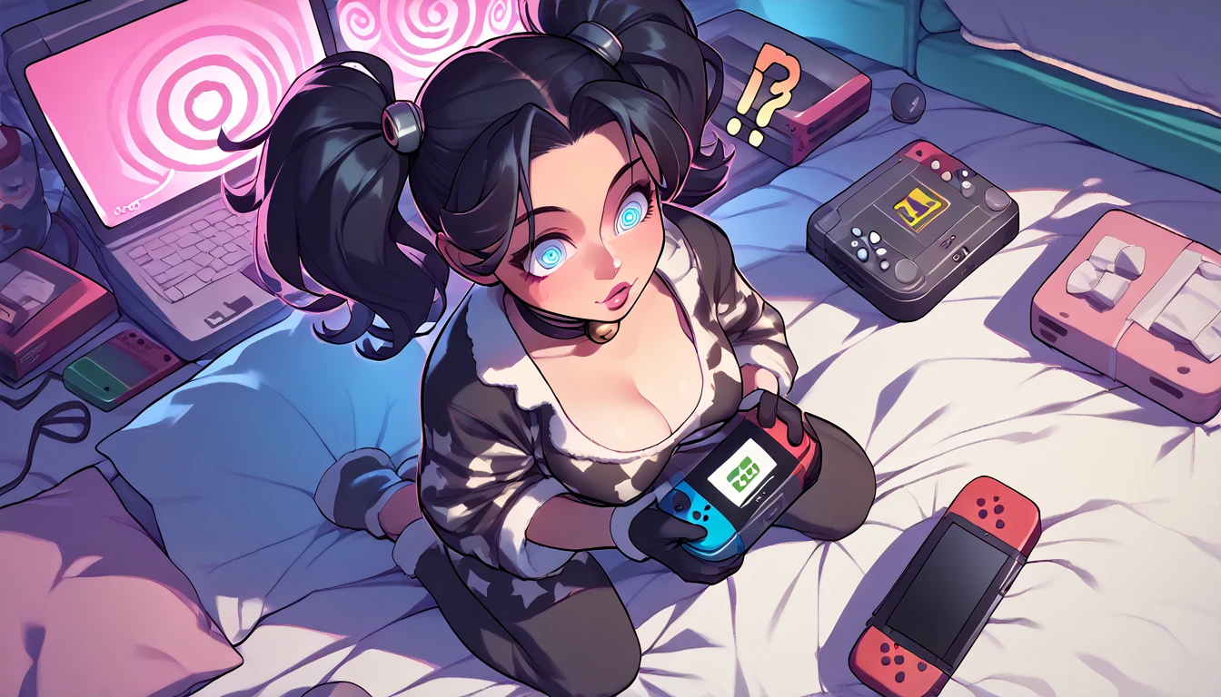 punctuation_9, punctuation_8_High above, punctuation_7_High above, punctuation_6_High above, punctuation_5_High above, punctuation_4_High above, BREAK 1girl, Nerd,Bblack hair, a cartoon image of a woman with a big breast, sitting on the cushion (blue in color), white scenario, with Nintendo switch in hand, fluffy chest, in pajamas(dressed as a black cat), anime cel shaded, Covered breasts and SFW, wearing pajamas(sitting on the cushion (blue in color), with a Nintendo Switch in hand), Kantai Collection Style, anime moe art style, , twintails brancos_mitts, seductive anime girl((dressed as a black cat)), brincando with a Nintendo Switch in hand(spiral eye)Background transparent.