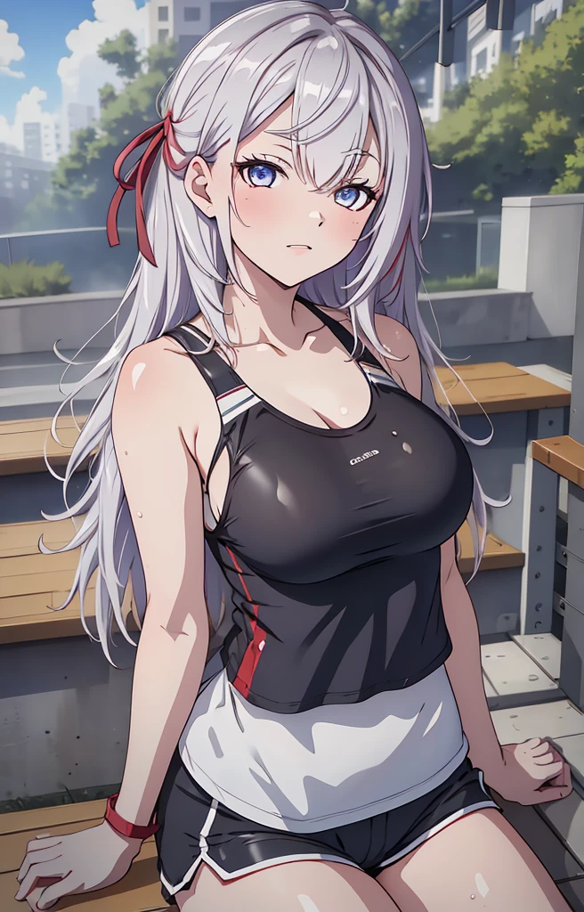 Masterpiece, best quality, highres, highly detailed, 1 girl, long hair, white hair, half - up style hair, red ribbons in right side hair, red eyes, large breast, white tanktop, mini shorts, she wet, drenched, nipple perked out from under shirt, wet clothes sticking to her body, outdoor, public park, looking at viewers, perfect finger shape, the number of fingers is not excessive