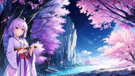 woman　clear　Light purple hair　　kimono　　Anime Style　　adventure

