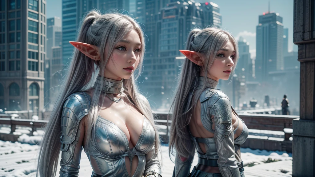 Female Elf，Close-up, Hollow future armor, 2. 5D CGI anime fantasy artwork, Large Breasts，Epic fantasy digital art style, detailed Digital 2D fantasy art, Digital 2D fantasy art, original photo, (best quality:1.3), high resolution, (masterpiece), (lifelike:1.4), Professional photography, Clear focus, High Dynamic Range, 8K resolution, Intricate details, Fine details, Depth of Field, Extremely detailed CG unified 8k wallpaper, masterpiece，poster，best quality，Official Art，（Beauty and aesthetics：1.2），（masterpiece：1.3），Female Elf，individual，complex pattern，snow，Cyberpunk style future city，Medium distance photography，（early morning），dramatic，