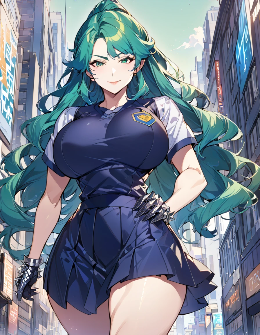 Anime, 1 girl, solo, kimtag, long huge voluminous hairstyle, green-blue colored hair, Green eyes, half-smile, busty, firm strong body, student uniform, metallic spiked gloves, Waist chains, medium skirt, background destroied city