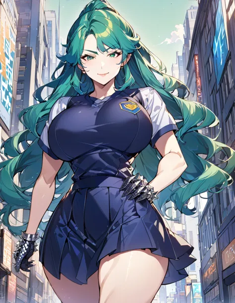 Anime, 1 girl, solo, kimtag, long huge voluminous hairstyle, green-blue colored hair, Green eyes, half-smile, busty, firm strong...