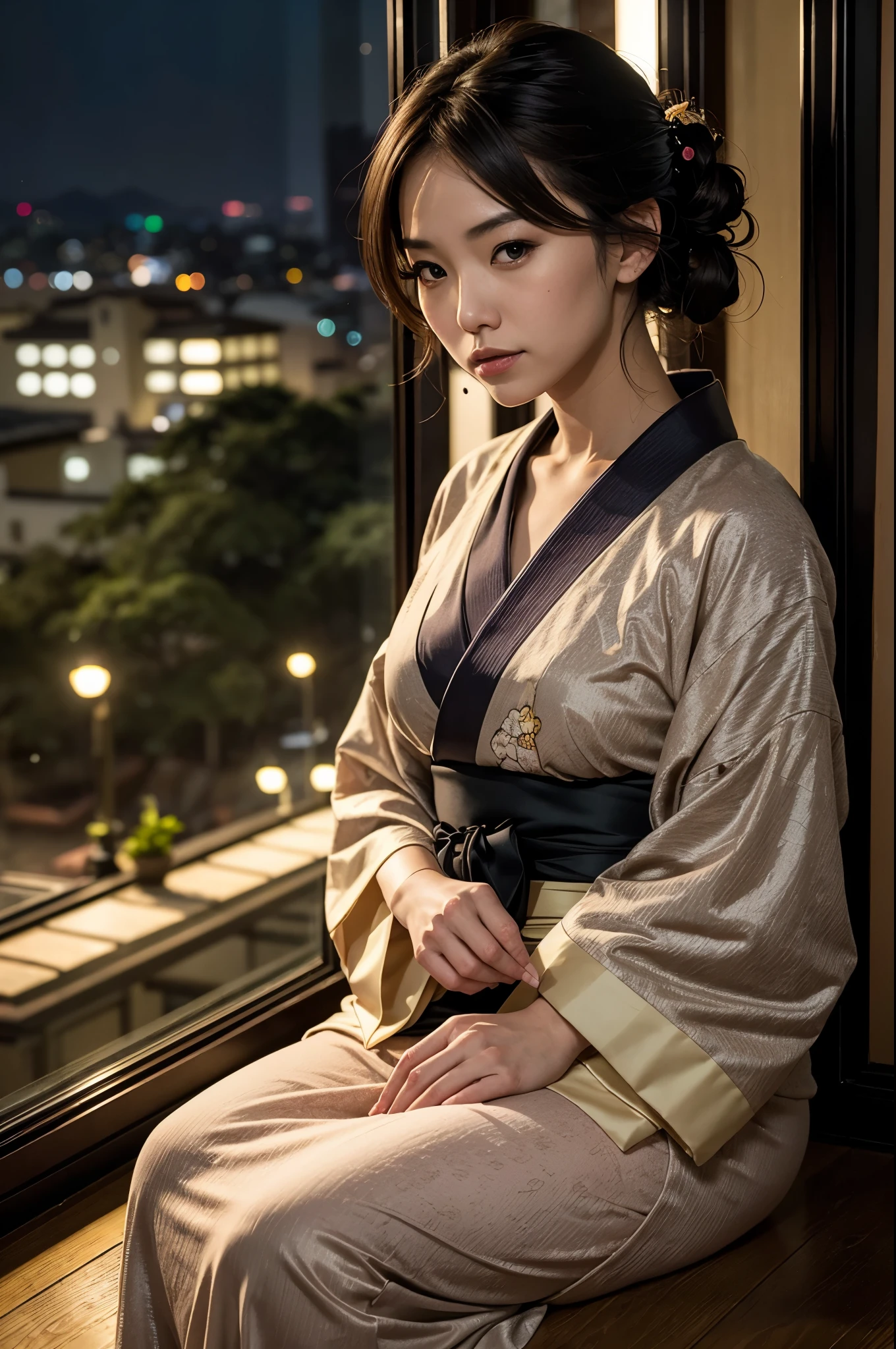 photorealistic, solo, beautiful Japan woman, traditional kimono, natural figure, soft smile, impressive gaze, traditional hairstyle, Japanese room at dusk, sitting by the window, illuminated by city lights, (attractive pose), professional photographer, shallow depth of field, backlit,