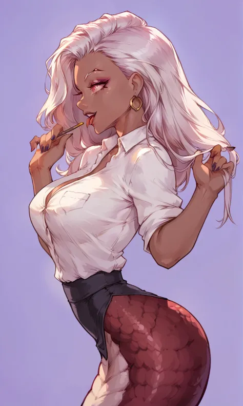 (alone) lamia female den, long and blond hair, lamia, big breasts, attractive, teacher attire, shaped body, lamia glue, spider e...