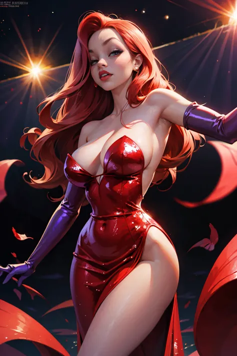 jessica rabbit in a big red dress, high-cut, long purple elbow length gloves