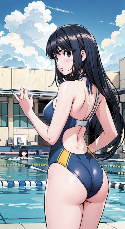 (semi-long hair)、navy blue competitive swimwear、(highest quality:1.3)、one girl、(((semi-long hair)))、cowboy shot、at the school po...