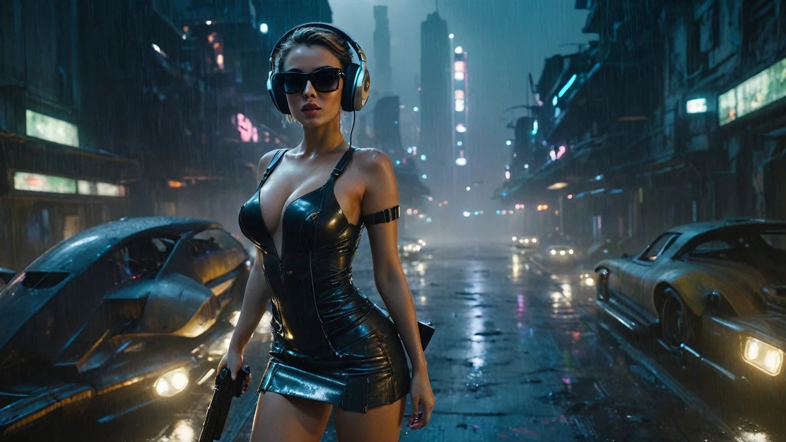 (aerial view, a flying car is speeding through a very dark abandoned futuristic city), rainy night. (((1girl, solo, alone))), large-breast:1.2 slim body, cleavage:1.1, sexy miniskirt, ((headphone, black sunglasses, standing and holding pistol pose)), (((half-body thigh level medium shot))), cinematic lighting, lens flare, ray tracing.