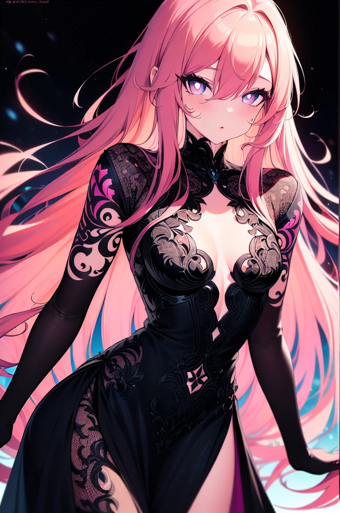 (cowboy shot), colorful, (best quality, ultra-high resolution, depth of field:1.2),  (beautiful face), 1woman, (pink hair), long hair, purple streaked hair, (different color pupil in eye:1.1), (detailed deep eyes), (small breasts), slight cleavage, wide hips, (detailed fantasy dress with highlights:1.3), lace, black collar, tattoo, (fantasy scenery), (expressionless),