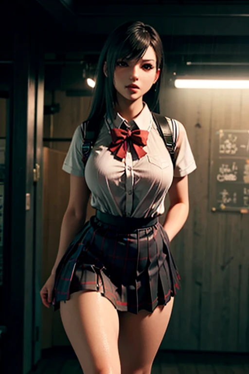 school girl uniform , steam , rain , plaid skirt , pleated skirt , The shirt is tight. , white shirt , school girl , red bow , red knot , highly detailed photo of Tifa Lockhart posing, final fantasy 7 remake, red eyes, intricate, highres, 8k, detailed hair, detailed skin, masterpiece, very long hair,  award-winning photography, sharp focus, dramatic lighting, unreal engine 5