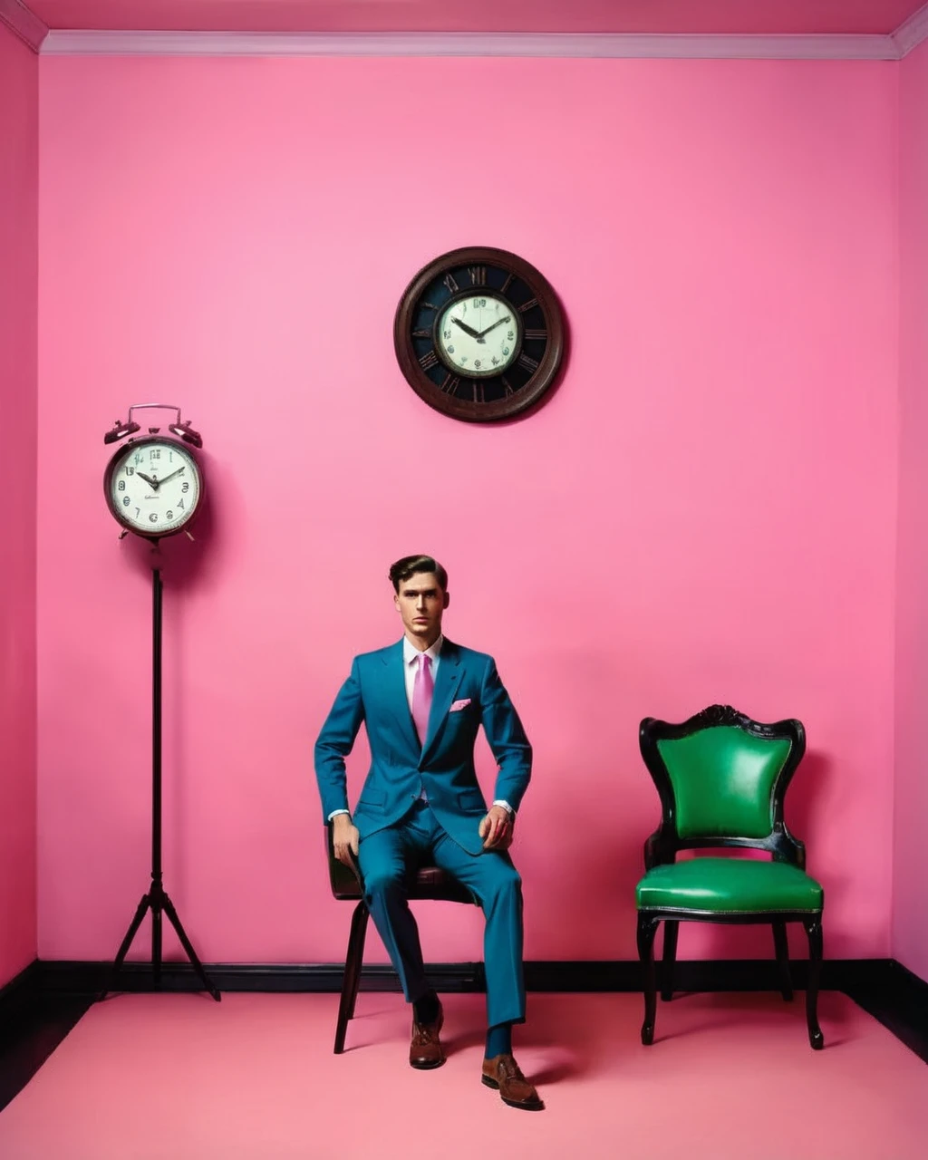 un homme en costume et cravate posant pour une photo se tient dans une pièce avec une chaise et une horloge au mur, des couleurs complémentaires, une peinture photoréaliste, par John Bates , palette de couleurs rose , Photographie de mode