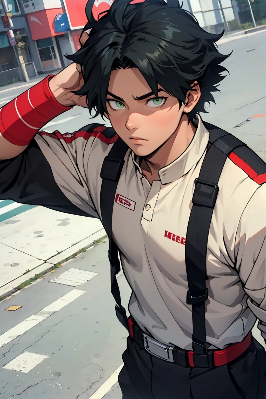 He is a 17 year old teenager, He has slightly disheveled very black hair..., somewhat light green eyes, (all angles photo ), muscular body , He is dressed the anime uniform "my hero academia"