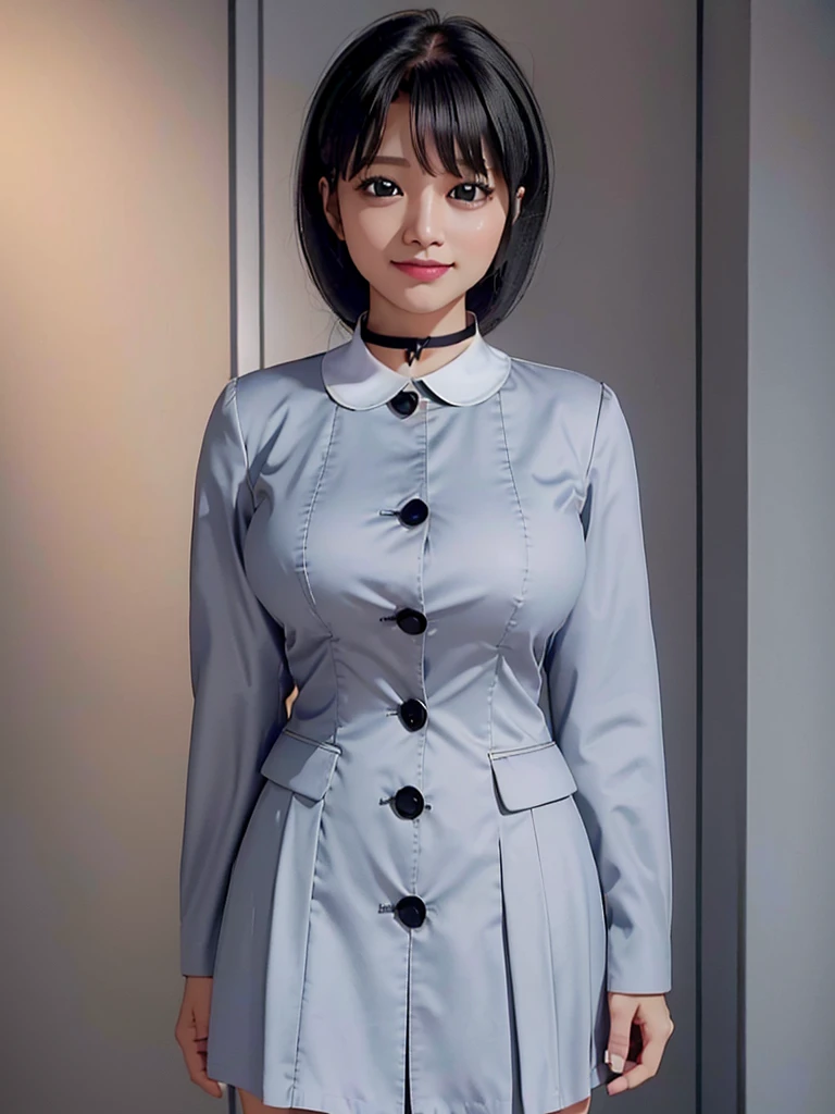 Highest quality、masterpiece、8k、Very detailed、Realistic、(One girl)、(Looking at me with a smile:1.5)、whole body、(Black Hair)、Small face、(Slender:1.2)、(Big Breasts:1.2)、(White business shirt with buttons and a collar:1.2)、(short tight skirt in gray,:1.2)、(Grey business jacket:1.2)