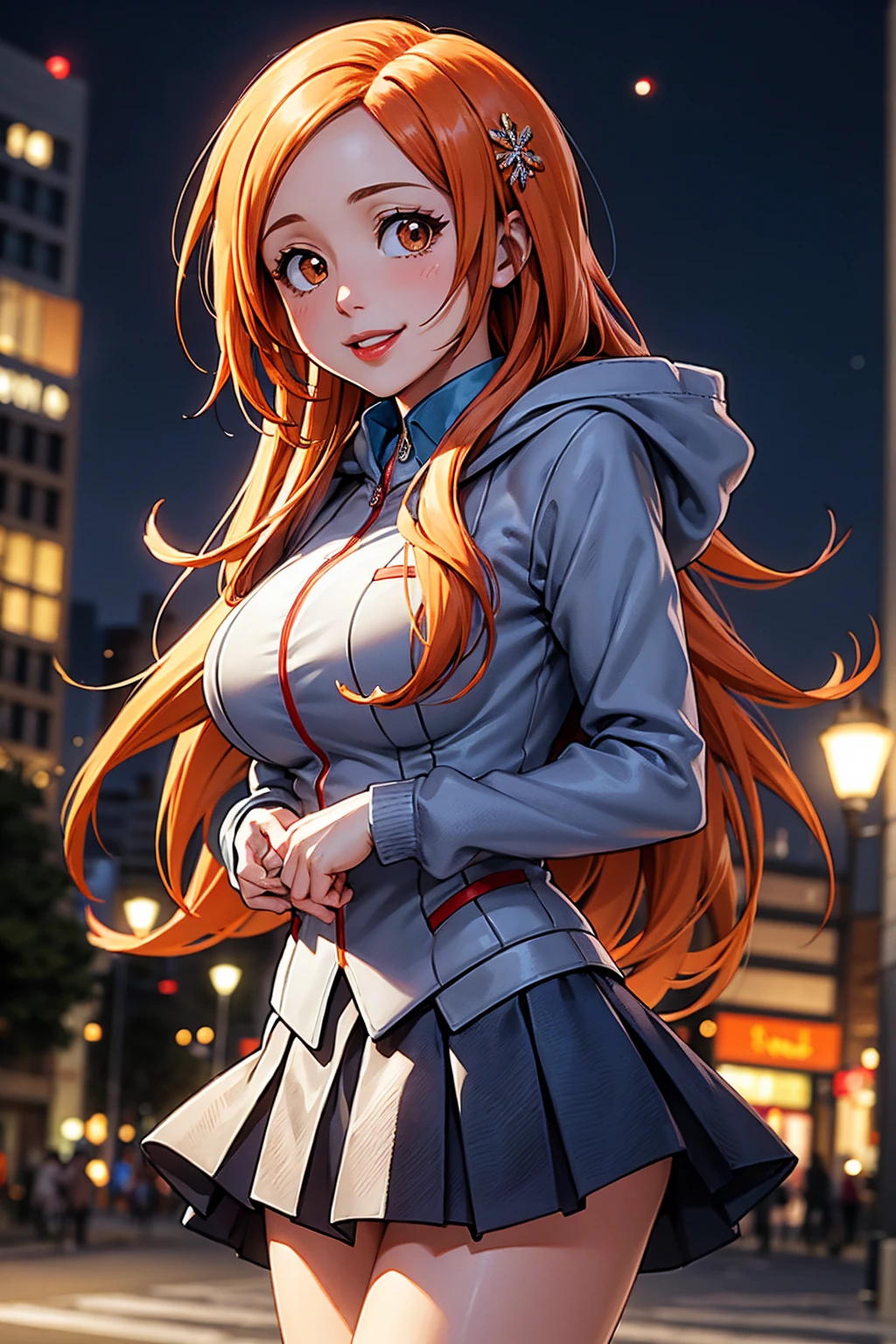 rich in detail:1.5, high resolution, Natural strokes and colors, natural lighting, face detailed, detailed hair, eye detailed, detailed nose, detailed lips. an adult and beautiful girl:1.9, wearing a jacket, in a hoodie, with red lips, city at night with moon, with long orange hair, e com um sorriso orihime inoue.