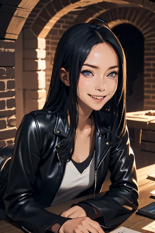 Highest quality　High resolution　Simple　Remainsの様なDungeons　RemainsDungeons　Long bangs　Adult female　Adventurer Girl　Loose expression　cute　smile　Leather jacket　Beautiful Eyes　One Woman　Long side hair　Very black hair　Shiny long hair　Straight hair　Ahoge　Wide sleeves　Long hem　cute目　Remains　Dungeons　Underground maze