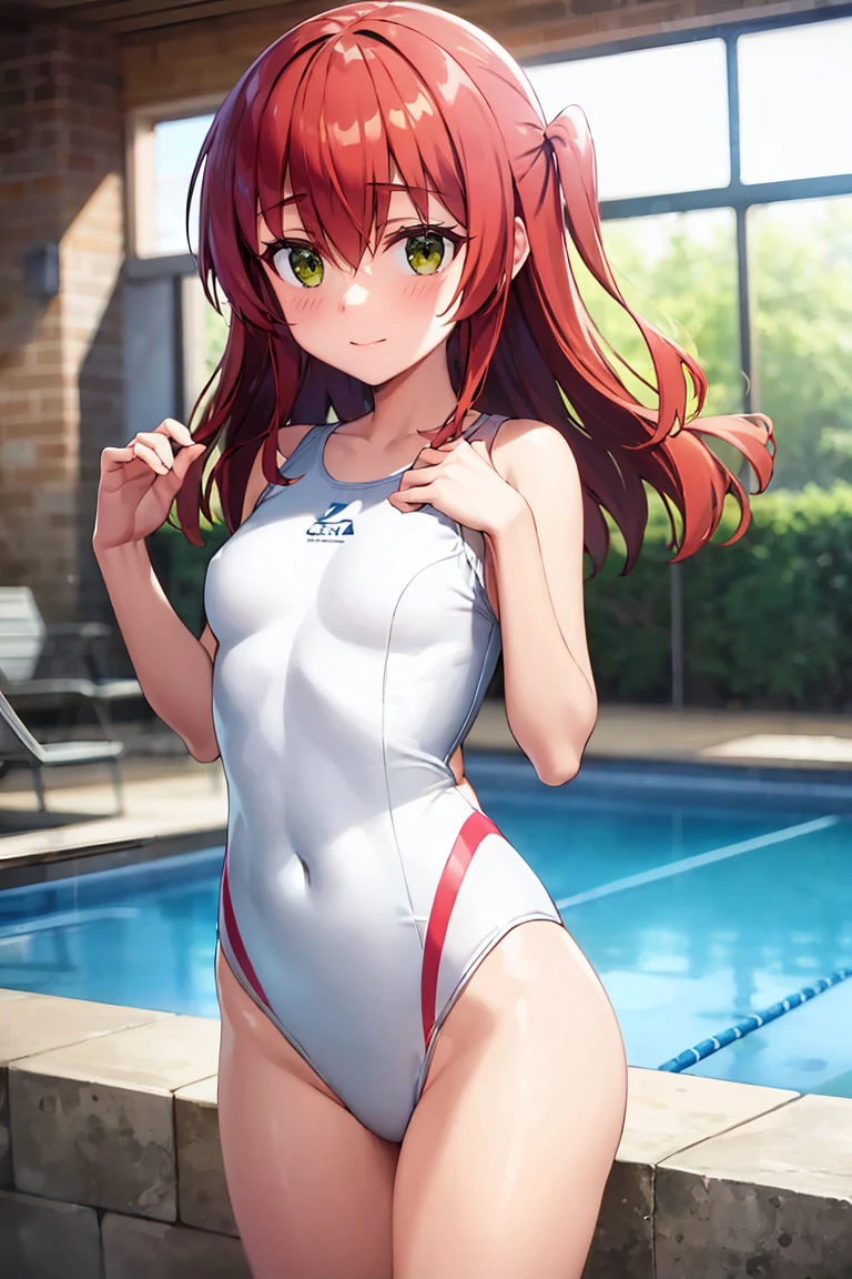 room, 1 Girl, Highest quality, Ultra-high resolution, Long Hair, Redhead, Green Eyes,Looking at the audience, Small breasts , Shy face、Watery eye, Open your mouth、Cowboy Shot、shiny swimsuit、white swimsuit, Pool