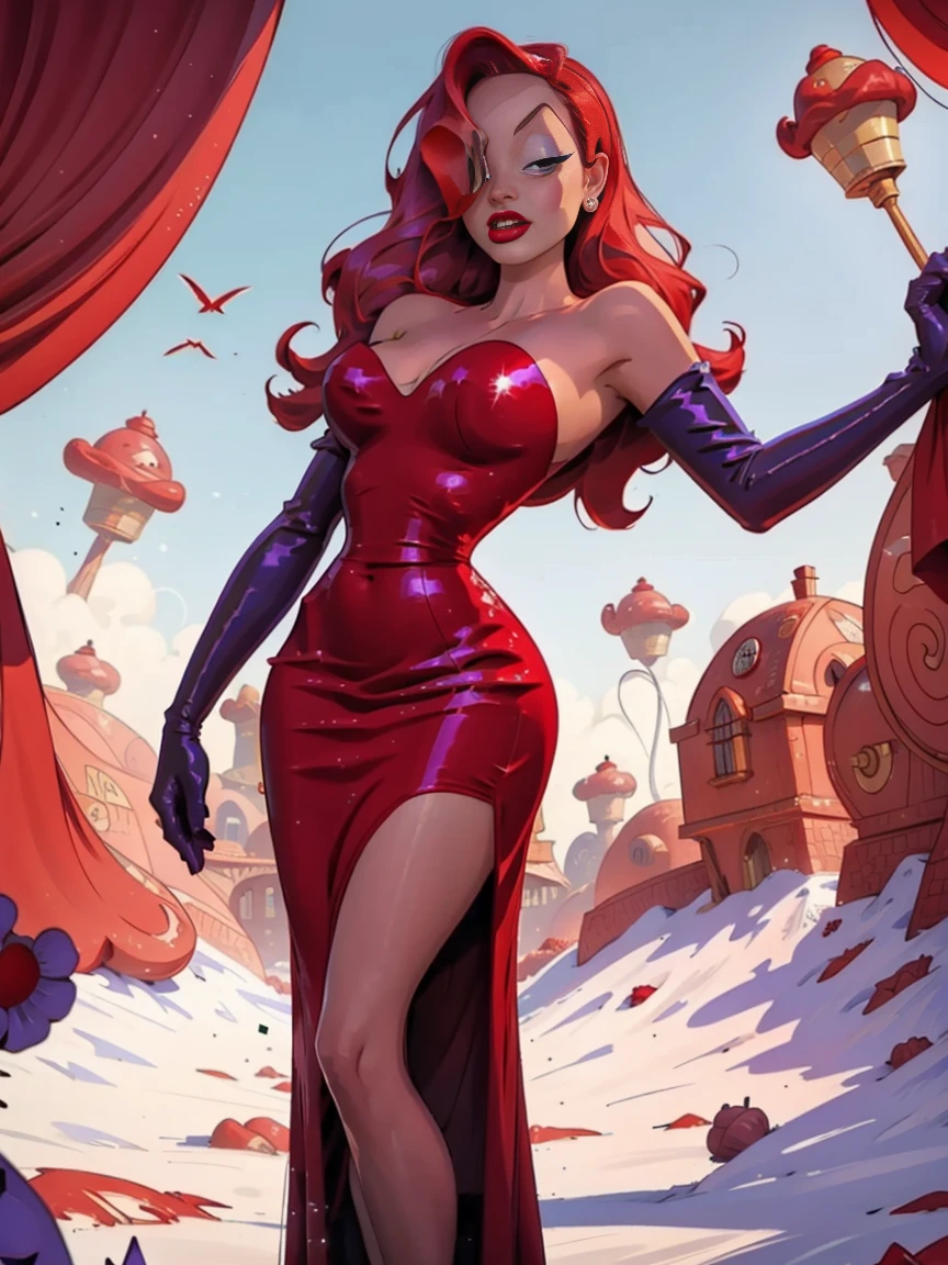 Jessica Rabbit in a big red dress, high-cut, long purple elbow length gloves