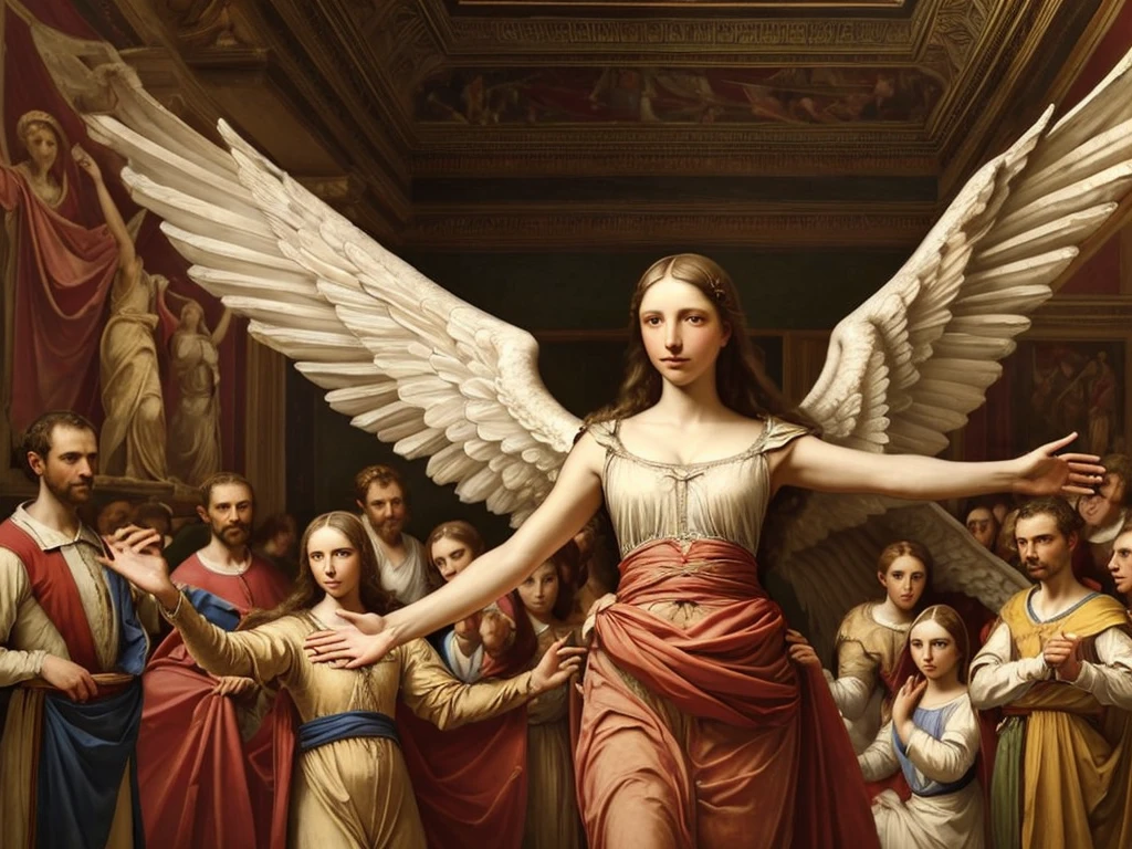 (Masterpiece:1.2), (Best Quality,:1.2), 8k, HDR, ultra detailed, ((photorealistic)), professional light, cinematic lighting, fashion photography, Ambient lighting, facial lighting, fantasy image, General detail, old renaissance painting of an angel with wings and arms outstretched