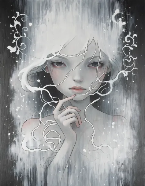 auka, dark background, girl, white paint splatter, fading, white wavy interconnected lines, floral pattern
