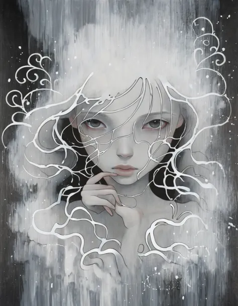 auka, dark background, girl, white paint splatter, fading, white wavy interconnected lines, floral pattern