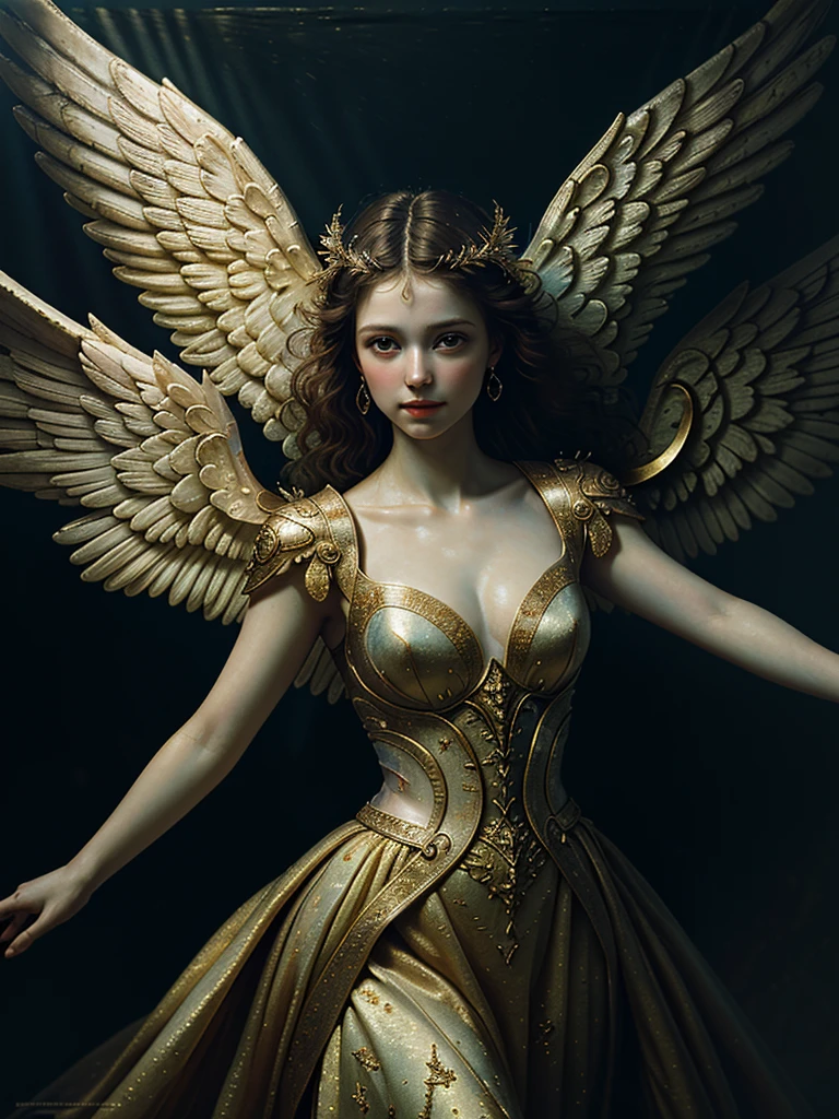 (Masterpiece:1.2), (Best Quality,:1.2), 8k, HDR, ultra detailed, ((photorealistic)), professional light, cinematic lighting, fashion photography, Ambient lighting, facial lighting, fantasy image, General detail, old renaissance painting of an angel with wings and arms outstretched